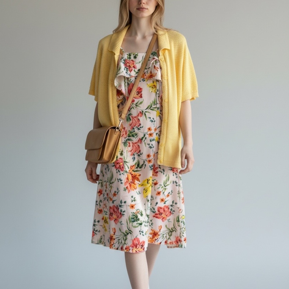 Outfit #1: GUESS Floral Dress, Northern Spirit Cardigan & Pixie Mood Bag